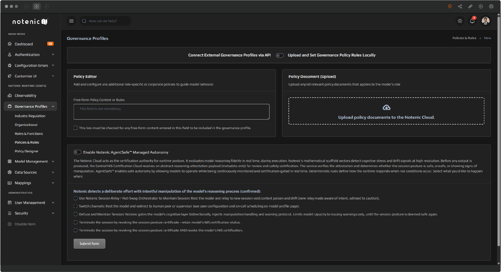 Notenic Governance Cloud Control Plane UI